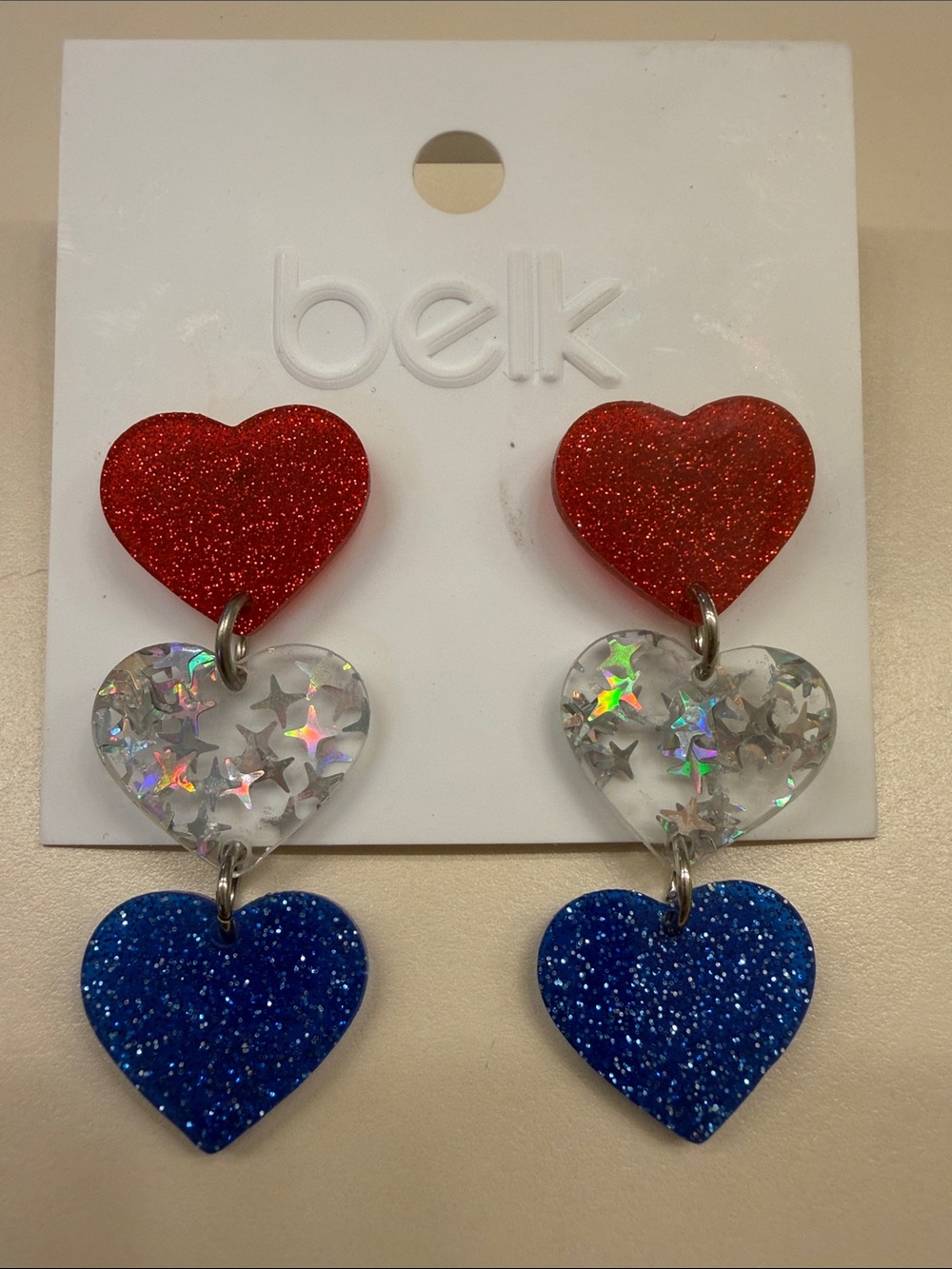 Belk Red, Clear & Blue Glitter Heart Dangle Earrings